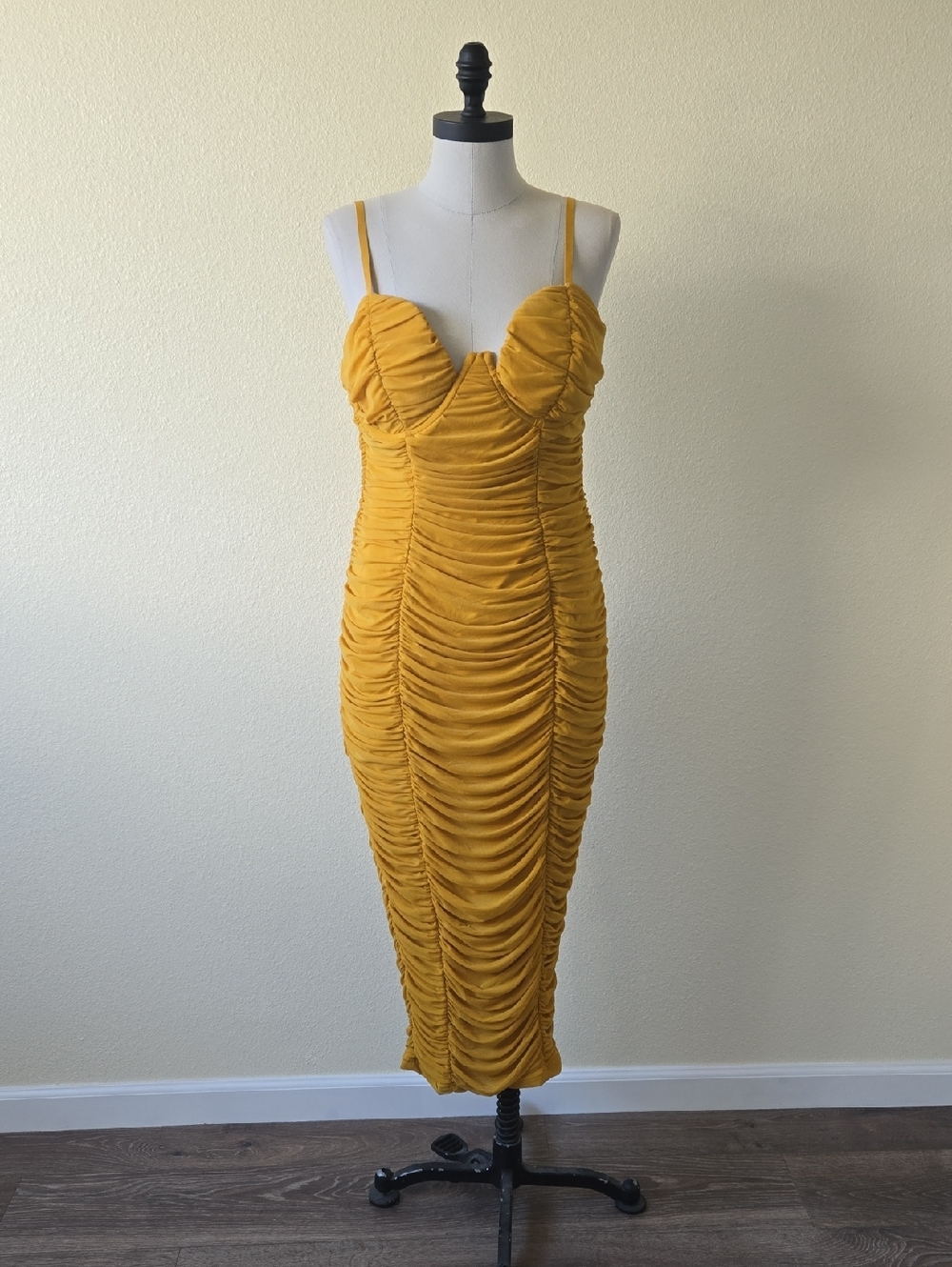 Fashion Nova Mustard Ruched Midi Dress